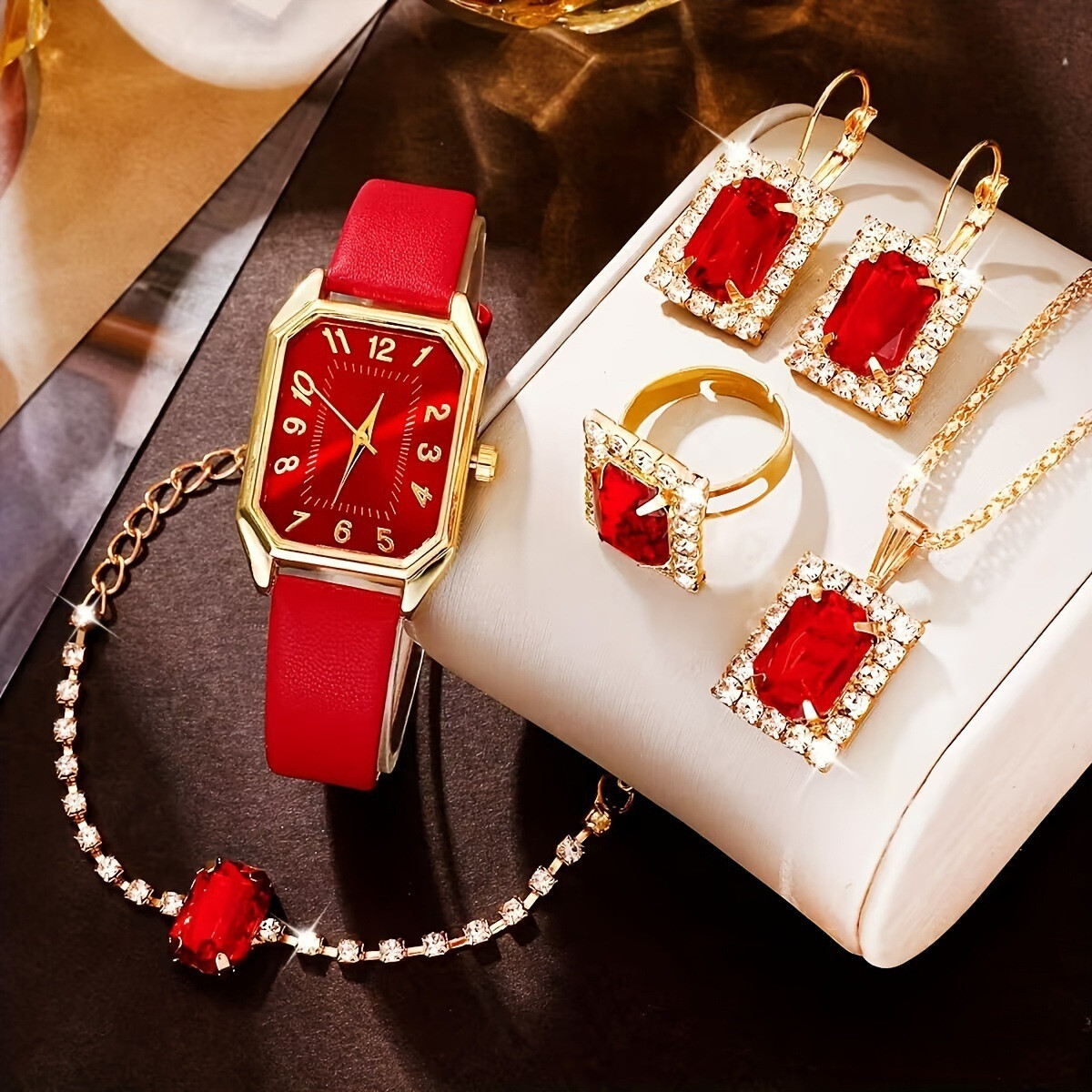 New Casual Fashion Leather Women Business Square Luxury Quartz Watch Korean Style Rhinestone Jewelry Set